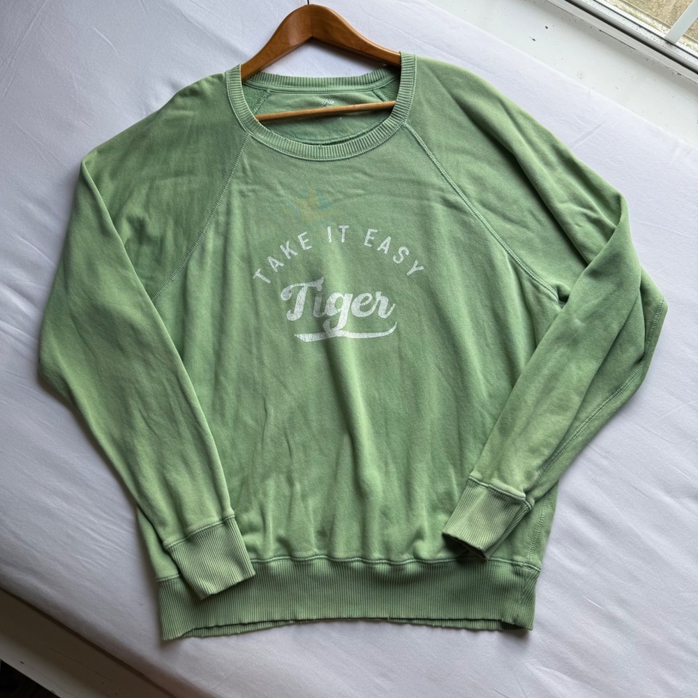Aerie Take It Easy Tiger Graphic Sweatshirt Green Cotton Crewneck Medium